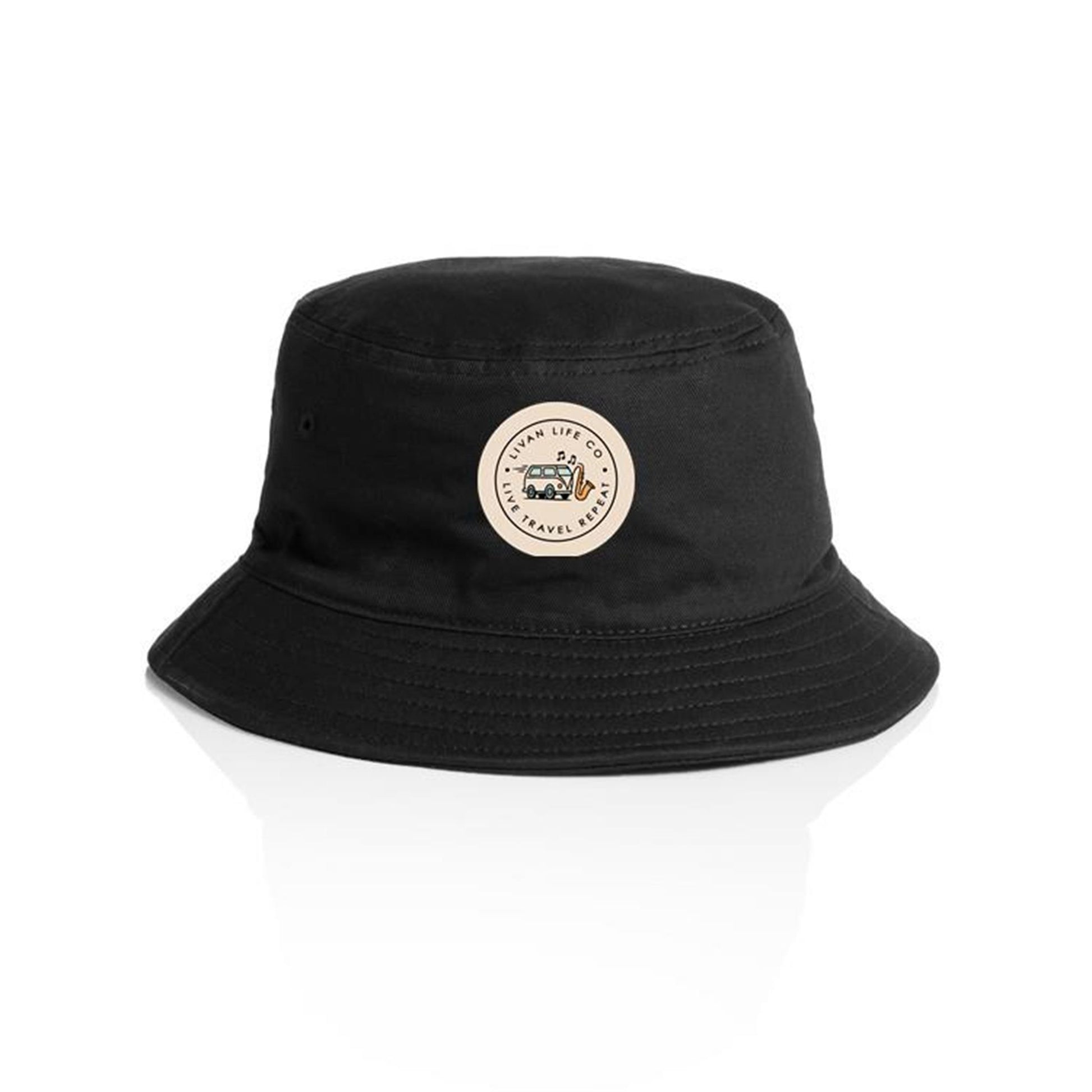 Black bucket hat with circular logo