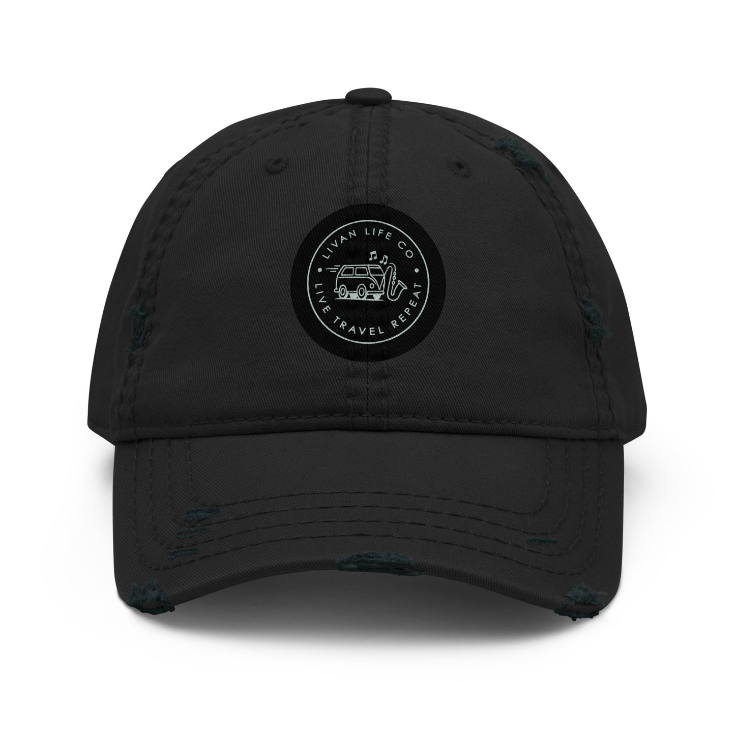 Distressed dad hat front view in Black