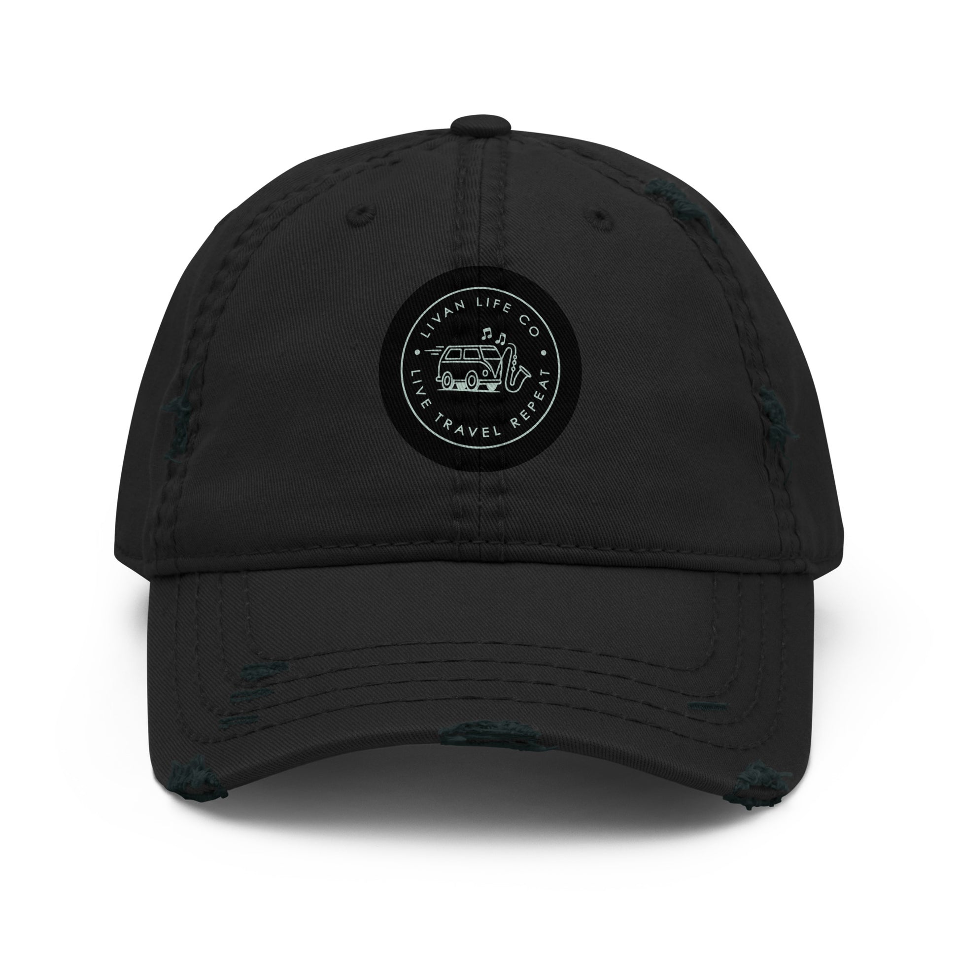Distressed dad hat front view in Black