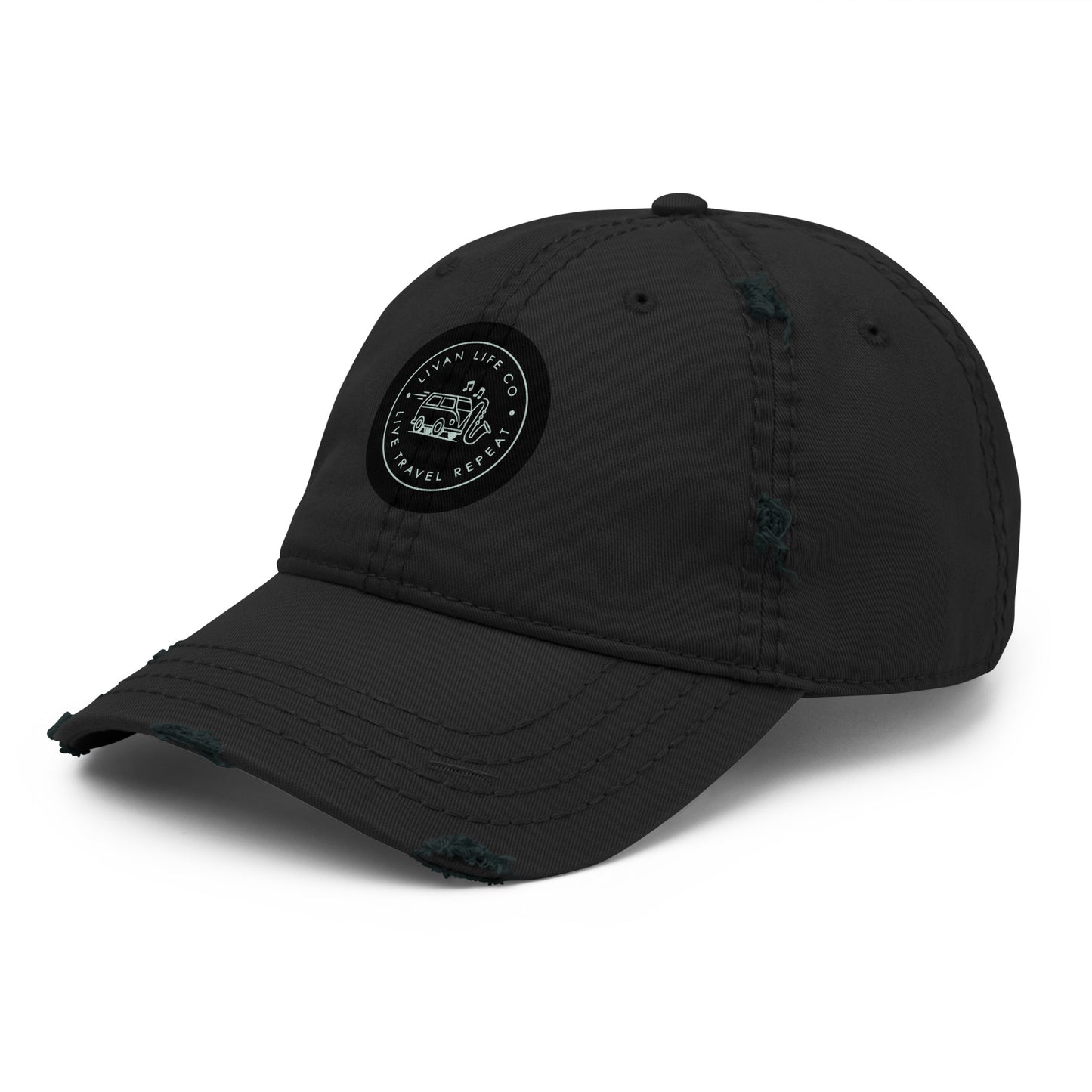 Distressed dad hat front view in black