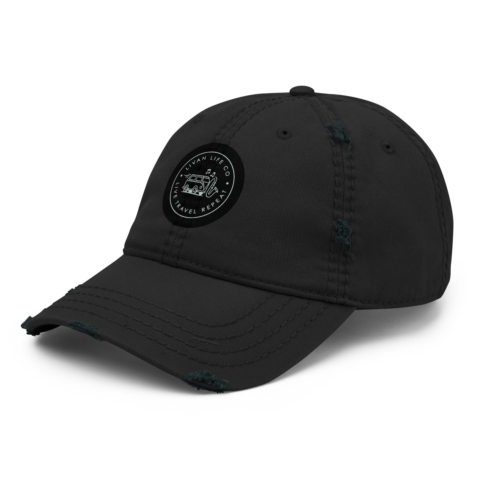 Distressed dad hat front view in black