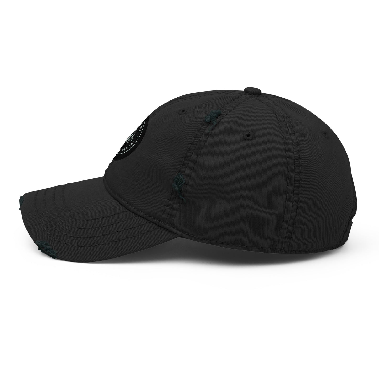 Distressed dad hat side view in black