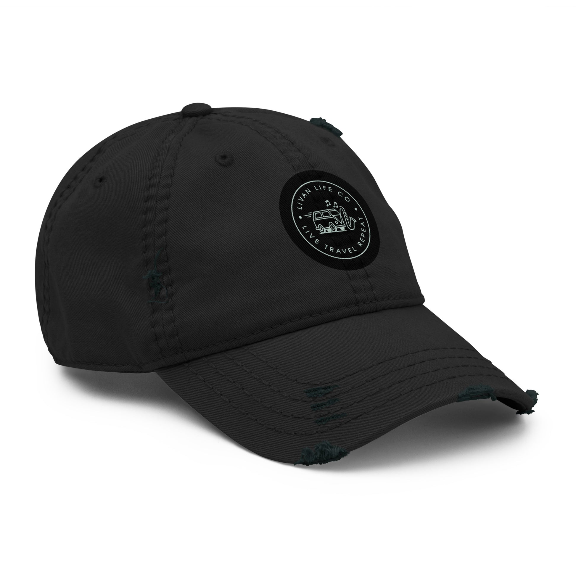 Distressed dad hat front view in black