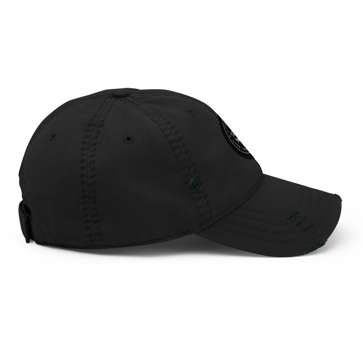 Distressed dad hat side view in black
