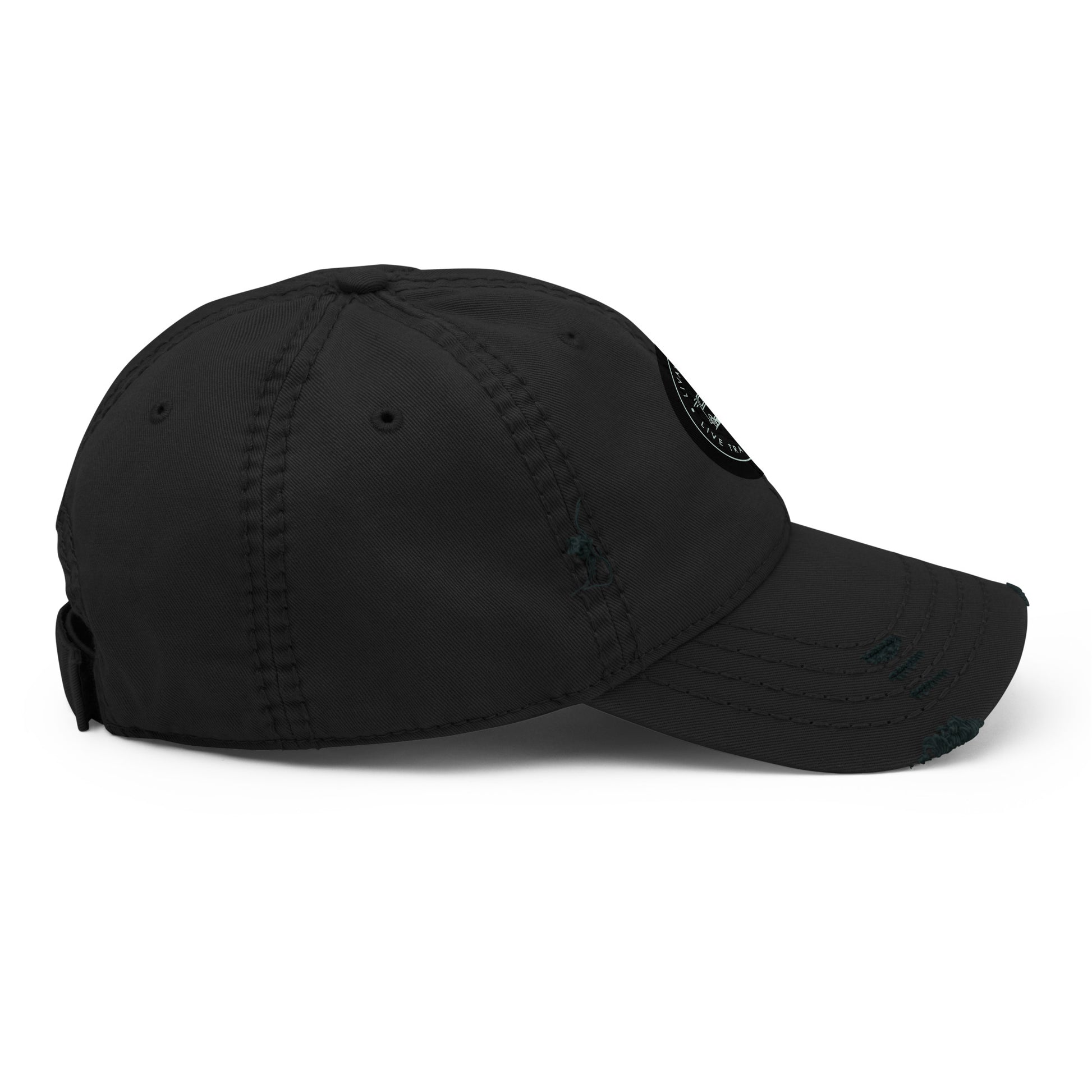 Distressed dad hat side view in black