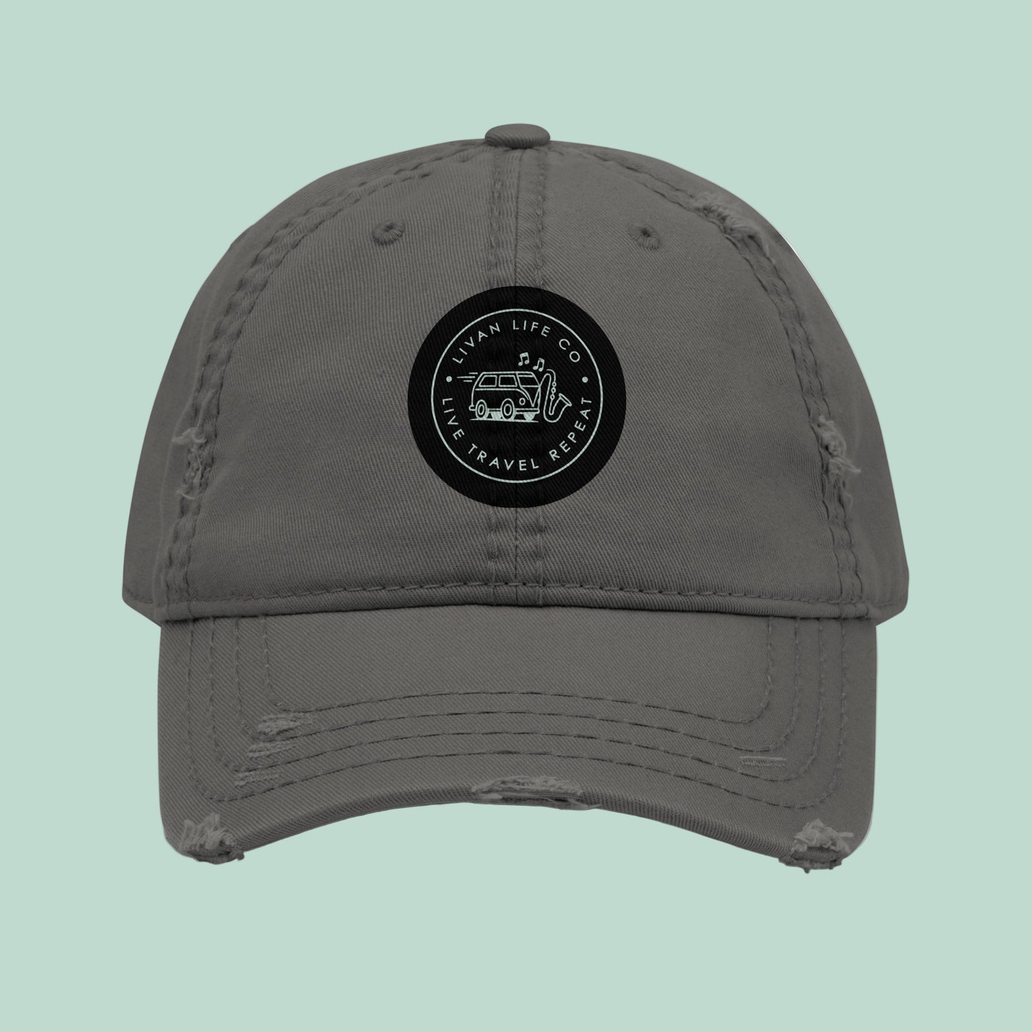 Distressed dad hat front view in charcoal grey