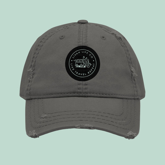 Distressed dad hat front view in charcoal grey