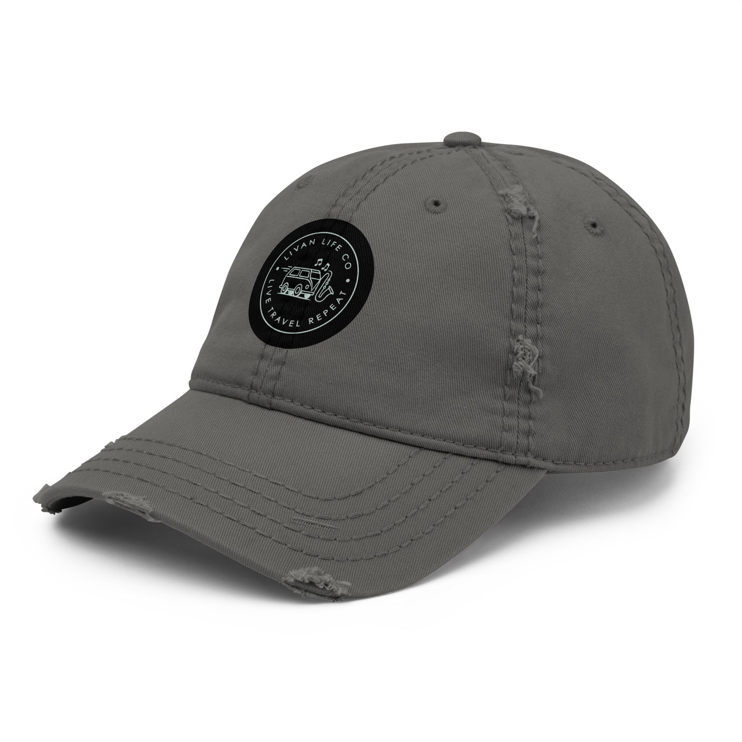 Distressed dad hat front view in charcoal grey