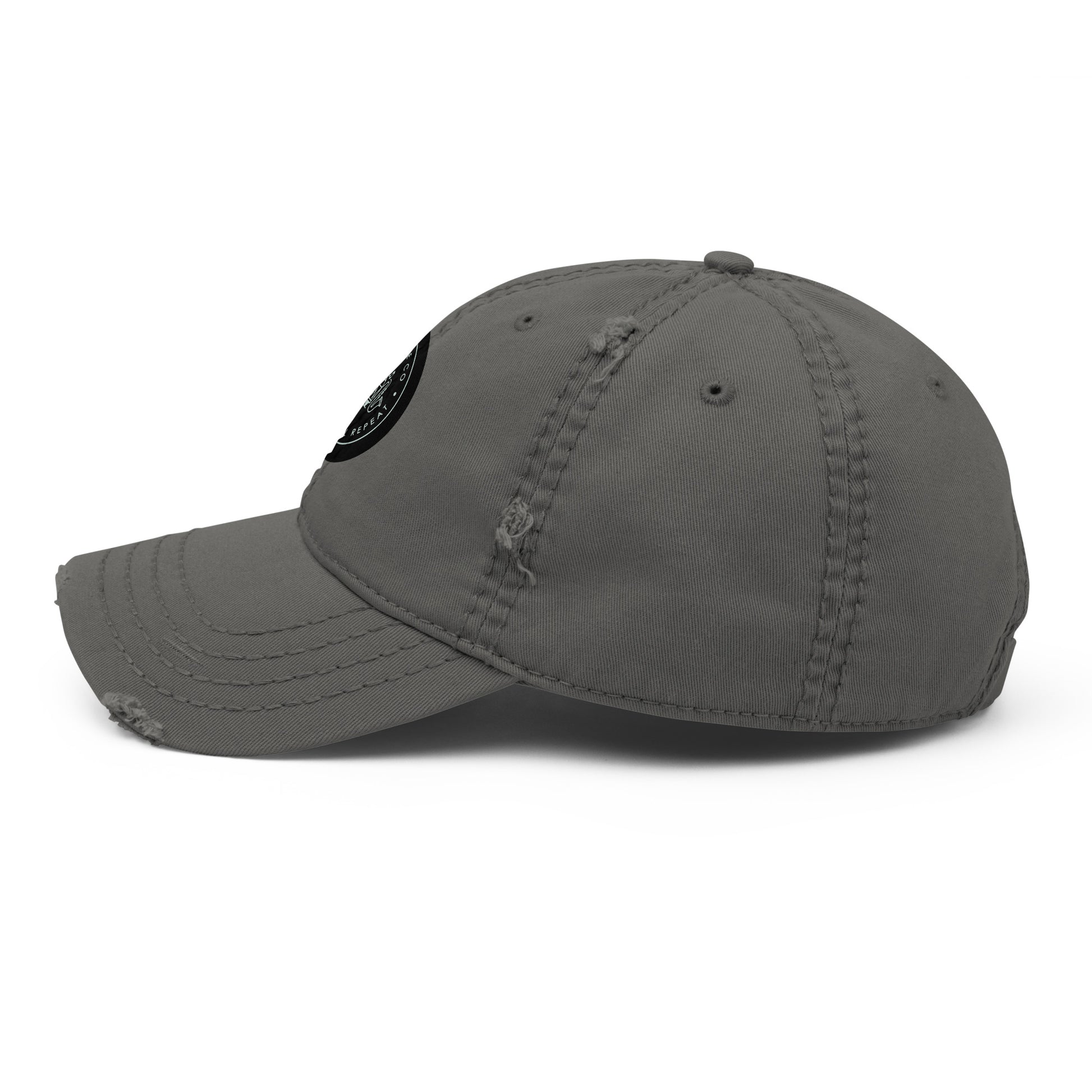Distressed dad hat side view in charcoal grey