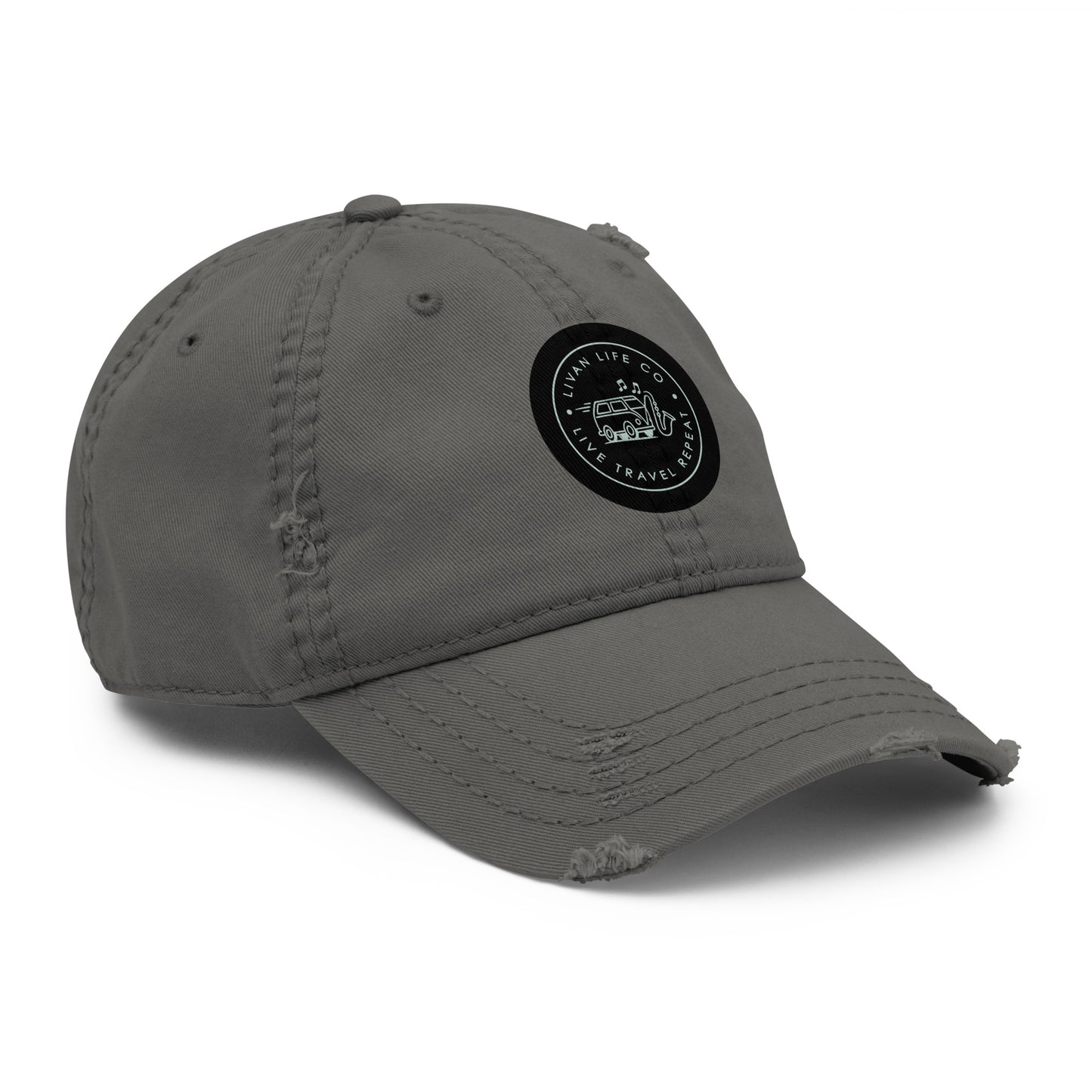 Distressed dad hat front view in charcoal grey