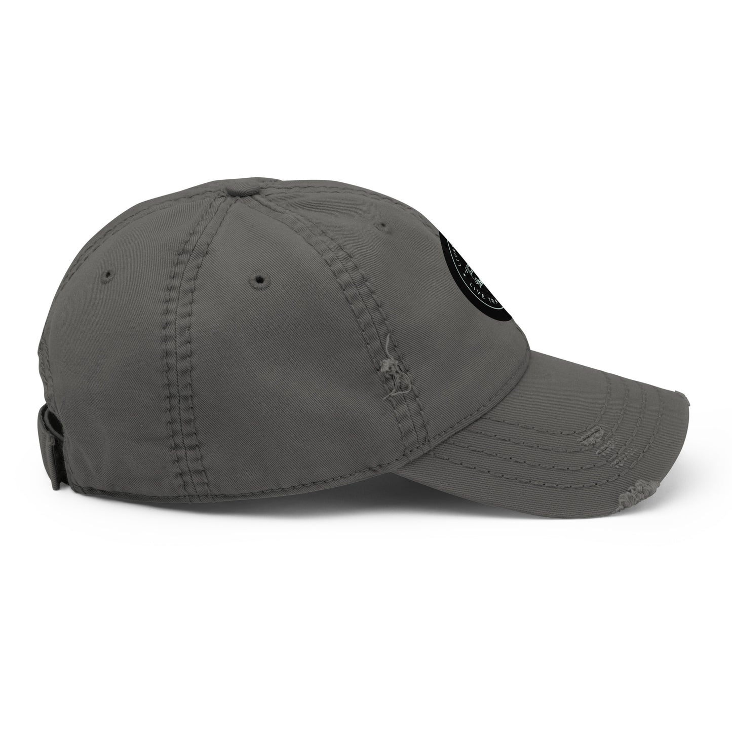 Charcoal grey distresed dad hat side view