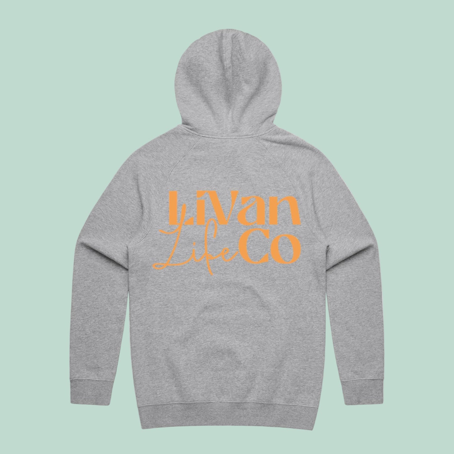 Gray hoodie with 'Livan Life Co' text on the back against a light green background