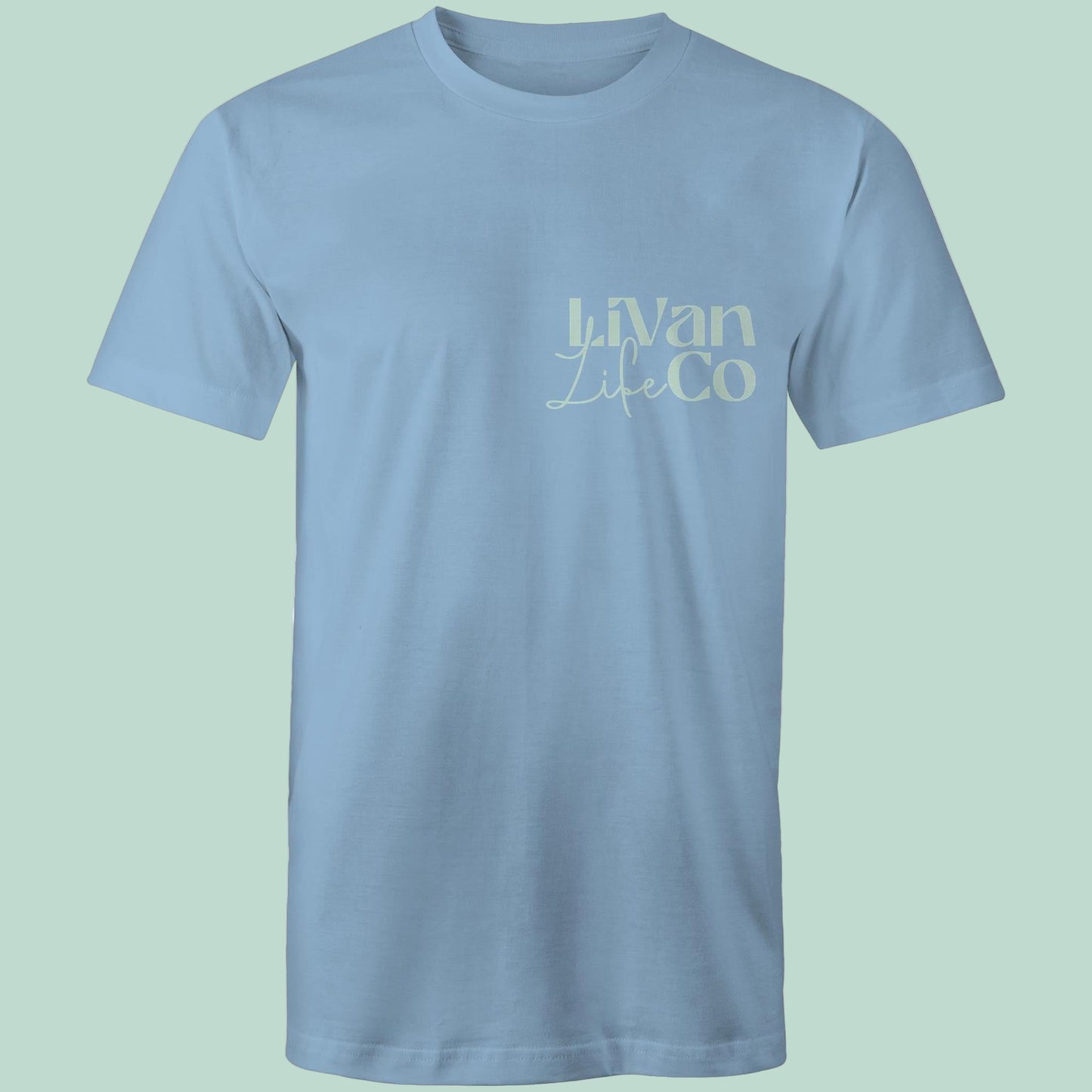 pale blue shirt with light green logo