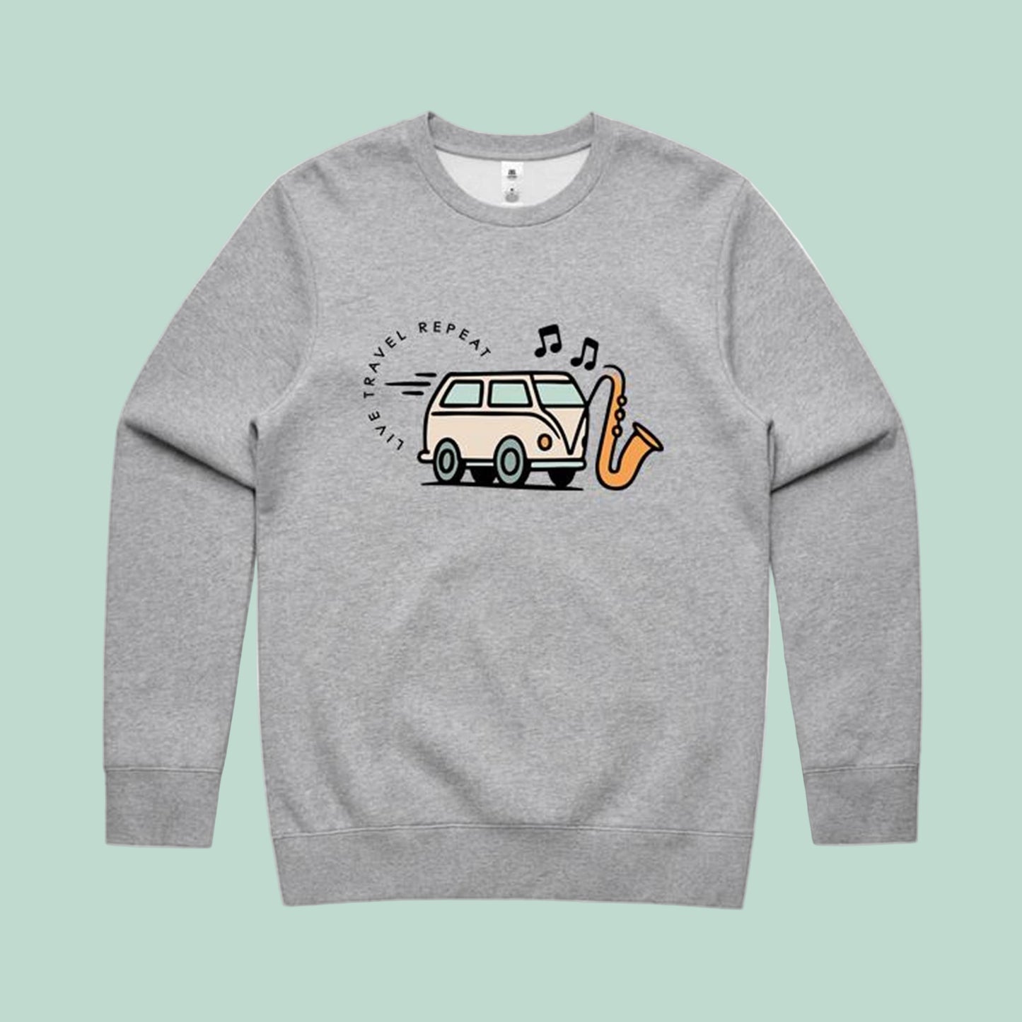 Gray sweatshirt with a graphic design on a light green background