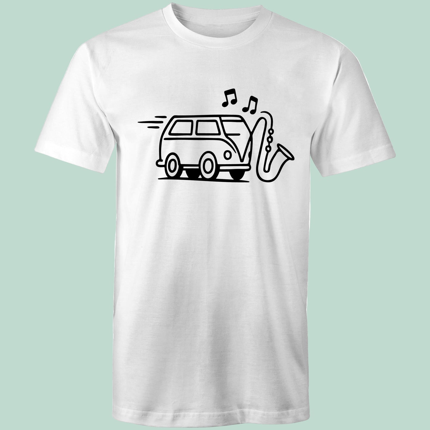 White t-shirt with a black graphic of a van and saxophone on a light green background