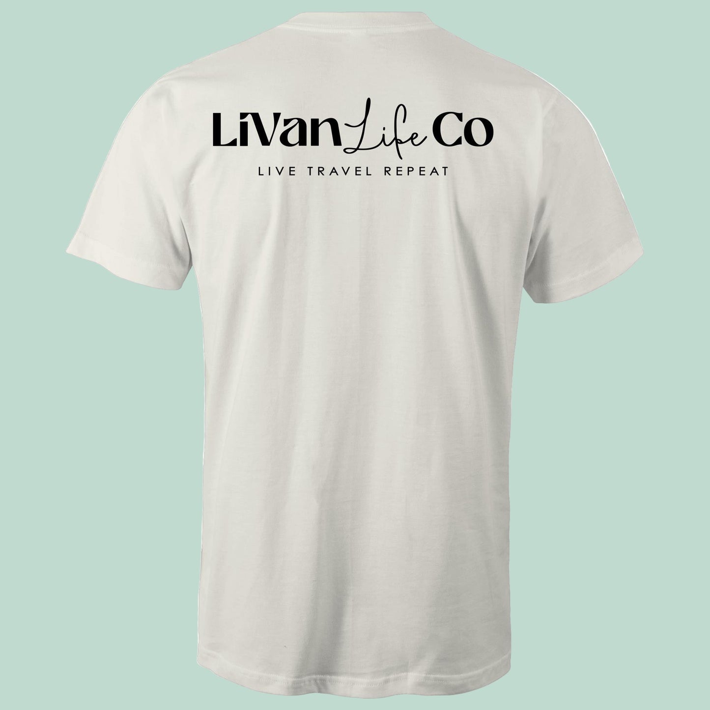 White t-shirt with 'LiVan Life Co' text on a light green background